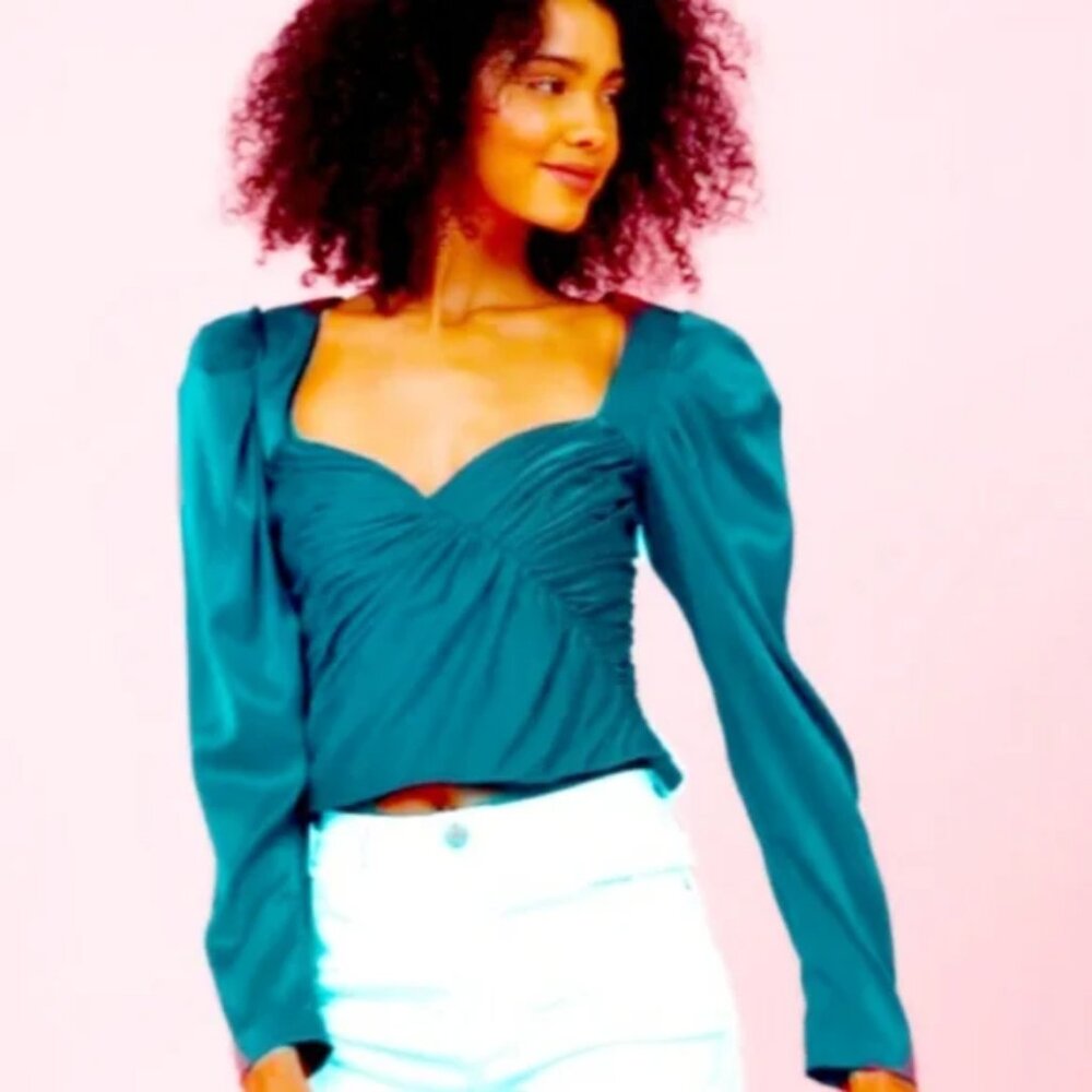 Hutch Alra Satin Teal Ruched Long Sleeve Top